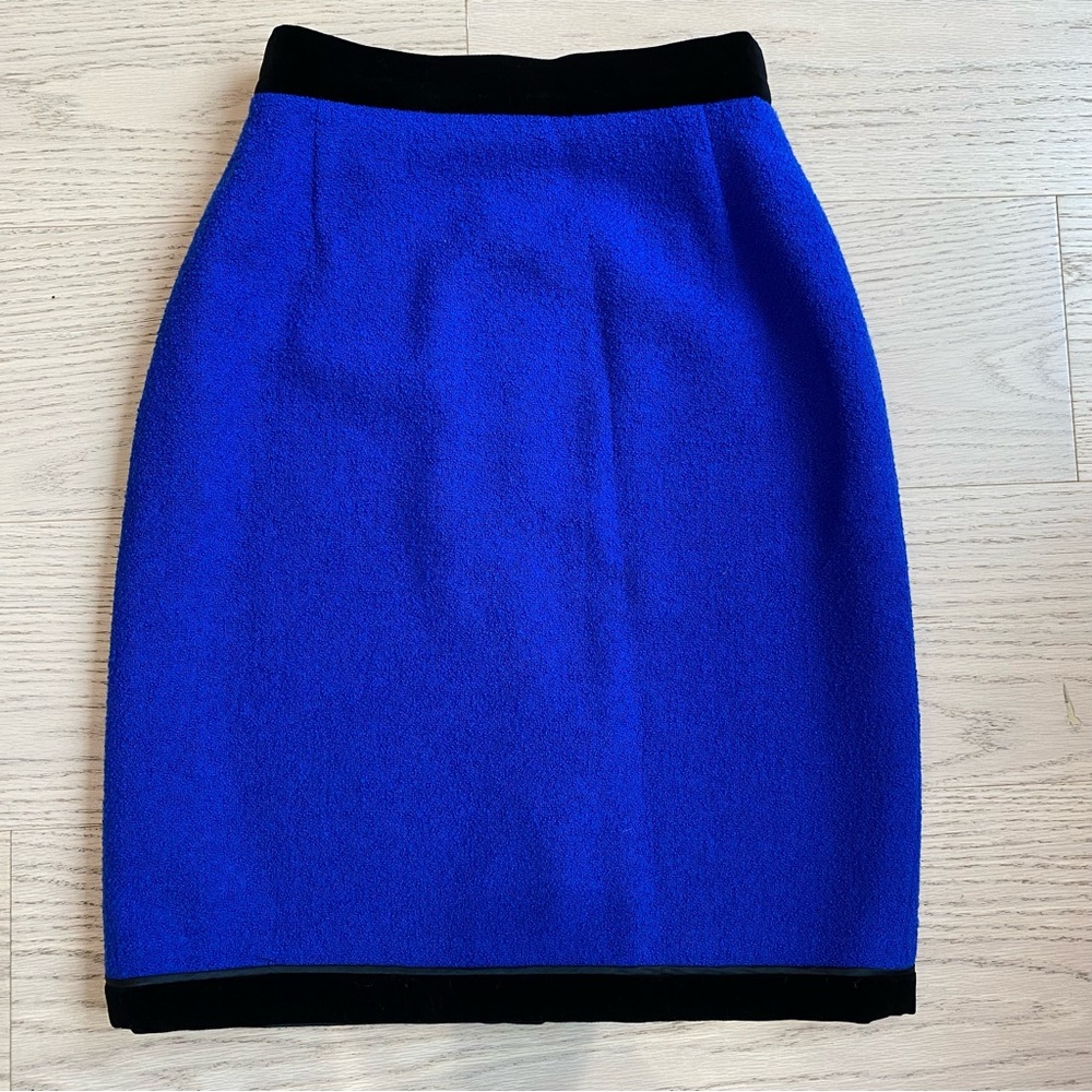 Vintage ESCADA Pencil Skirt, Made in Germany, Blue Tweed/Velvet Trim, Women’s S
